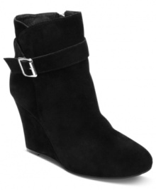 Take your look up a notch. The Dena wedge booties by Vince Camuto combine smooth suede with a silver buckle accent at the ankle. Take your look up a notch. The Dena wedge booties by Vince Camuto combine smooth suede with a silver buckle accent at the ankle.