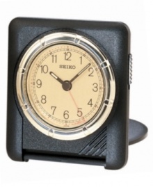 A touch of rustic charm adds style to utmost functionality with this folding, travel-ready clock from Seiko. Ultra-thin black matte square case. Rotating goldtone bezel sets alarm. Round goldtone dial with logo, numeral indices, alarm with snooze and luminous hands. Folds into a carrying case. Seven-year battery included. Measures approximately 2-3/4 x 2-5/8 x 1/2. One-year limited warranty. A touch of rustic charm adds style to utmost functionality with this folding, travel-ready clock from Seiko. Ultra-thin black matte square case. Rotating goldtone bezel sets alarm. Round goldtone dial with logo, numeral indices, alarm with snooze and luminous hands. Folds into a carrying case. Seven-year battery included. Measures approximately 2-3/4 x 2-5/8 x 1/2. One-year limited warranty.