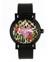 Love fiercely. Watch by Betsey Johnson crafted of black polyurethane strap and round shiny black polycarbonate case. Leopard print dial features silver tone dot markers, large heart graphic reading XOXO 4 Ever, three hands and logo. Quartz movement. Water resistant to 30 meters. Two-year limited warranty.