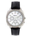 Embrace elegance with this sparkling watch by Style&co. Black leather strap and round silver tone mixed metal case. Bezel embellished with crystal accents. White mother-of-pearl dial features crystal accent markers, three multifunctional subdials, three silver tone hands and logo. Quartz movement. Splash resistant. Two-year limited warranty.