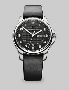 A polished timepiece for the modern gentleman, set in a brushed silver-tone, stainless steel bezel and case with a integrated leather strap for a handsome finish.Quartz movementRound bezelWater resistant to 100ATMDate display at 3 o'clockSecond handStainless steel case: 40mm (1.57)Leather braceletImported A polished timepiece for the modern gentleman, set in a brushed silver-tone, stainless steel bezel and case with a integrated leather strap for a handsome finish.Quartz movementRound bezelWater resistant to 100ATMDate display at 3 o'clockSecond handStainless steel case: 40mm (1.57)Leather braceletImported