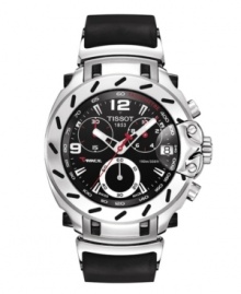 Inspired by moto-racing, the T-Race watch by Tissot blends precision with winning details. The T-Race watch is crafted of black rubber strap and round PVD stainless steel case. Bezel features stick indices. Black chronograph dial features tachymeter scale, minute track, date window at three o'clock, three hands, white numerals at nine and twelve o'clock, three subdials and logo. Swiss quartz movement. Water resistant to 30 meters. Two-year limited warranty. Inspired by moto-racing, the T-Race watch by Tissot blends precision with winning details. The T-Race watch is crafted of black rubber strap and round PVD stainless steel case. Bezel features stick indices. Black chronograph dial features tachymeter scale, minute track, date window at three o'clock, three hands, white numerals at nine and twelve o'clock, three subdials and logo. Swiss quartz movement. Water resistant to 30 meters. Two-year limited warranty.