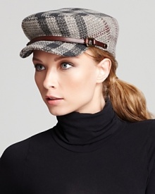 Brimming with Burberry, this wool cap is printed in a subtle gray check with a leather strap detail. Brimming with Burberry, this wool cap is printed in a subtle gray check with a leather strap detail.