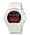 Hit the slopes or the surf with this bright watch watch by G-Shock. White resin strap and round case with red logo embossed at bezel. Black dial with red negative display digital dial features shock resistance, multi-band atomic timekeeping, stop watch, world time, four daily alarms & one snooze alarm, countdown timer, mute function and 12/24-hour formats. Quartz movement. Water resistant to 200 meters. One-year limited warranty.