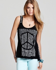 A striped back provides a cool contrast on this Lauren Moshi tank, emblazoned with a peace sign. A striped back provides a cool contrast on this Lauren Moshi tank, emblazoned with a peace sign.