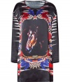 Add of-the-moment edge to your causal look with this versatile horse print mini dress from Just Cavalli - Round neck, long sleeves, oversized silhouette, front horse graphic with tribal inspired print - Wear with a boyfriend blazer, peep-toe booties, and an oversized leather satchel