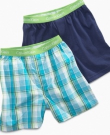 Give him classic comfort with this 2-pack of knit boxers from Calvin Klein, with solids and plaids to mix it up.