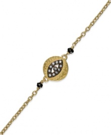 Wrist watching. This bracelet, crafted from 14k gold over sterling silver and oxidized sterling silver, features an evil eye charm at the center with round-cut cubic zirconia accents providing a lustrous touch. Approximate length: 7-1/2 inches. Approximate charm size: 1/2 inch. Wrist watching. This bracelet, crafted from 14k gold over sterling silver and oxidized sterling silver, features an evil eye charm at the center with round-cut cubic zirconia accents providing a lustrous touch. Approximate length: 7-1/2 inches. Approximate charm size: 1/2 inch.