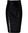 Luxe skirt in fine, pure black silk - A sexy, sumptuous knockout from LWren Scott - Glam, all-over mesh embroidery - Classic, curve-hugging pencil cut accentuates a slim silhouette - Flattering high waist and elongating paillette trim - Kick pleat and rear zip - A sophisticated stunner ideal for work, parties and cocktails - Pair with a blouse and blazer by day, and a silk top and cropped leather jacket at night