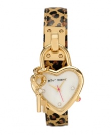 Betsey Johnson spices up the old school charm bracelet with saucy animal print! Watch crafted of leopard print leather strap with polished gold tone heart-shaped case. White mother-of-pearl dial features crystal accents at three, six and nine o'clock, gold tone hour and minute hands, signature fuchsia second hand and logo. Quartz movement. Two-year limited warranty. Betsey Johnson spices up the old school charm bracelet with saucy animal print! Watch crafted of leopard print leather strap with polished gold tone heart-shaped case. White mother-of-pearl dial features crystal accents at three, six and nine o'clock, gold tone hour and minute hands, signature fuchsia second hand and logo. Quartz movement. Two-year limited warranty.
