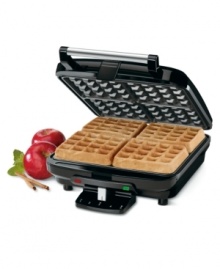 Turn your kitchen into a European café with the warm, sweet scent of fresh Belgian waffles! Cuisinart's 4-slice square waffle iron produces delicious results in minutes. Nonstick baking plates sit within a sleek, handsome stainless steel housing. A five-setting browning ensures waffles come out just right, every time. Three-year limited warranty. Model WAF-100.