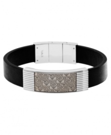 Add a designer element to your style. Emporio Armani's refined bracelet features the signature logo emblazoned in stainless steel with a transparent grey lacquer finish. Bracelet band is crafted in sleek black leather.  Approximate length: 7-1/2 inches.