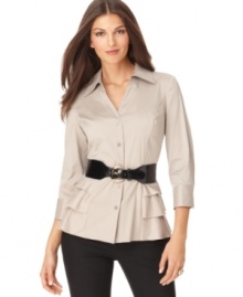 Alfani gives this shirt a feminine twist, adding tiered detail at the hips and a sleek contrasting belt. Pair with skinny pants and heels or tall boots for a fresh take on workwear. Alfani gives this shirt a feminine twist, adding tiered detail at the hips and a sleek contrasting belt. Pair with skinny pants and heels or tall boots for a fresh take on workwear.