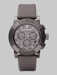 Classic style with modern sensibility, crafted in stainless steel with rubber strap and three-eye chronograph dial.Round bezelQuartz movementWater resistant to 10 ATMDate function at 4 o'clockSecond handStainless steel case: 42mm(1.65)Rubber braceletMade in Switzerland Classic style with modern sensibility, crafted in stainless steel with rubber strap and three-eye chronograph dial.Round bezelQuartz movementWater resistant to 10 ATMDate function at 4 o'clockSecond handStainless steel case: 42mm(1.65)Rubber braceletMade in Switzerland
