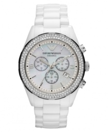Style frozen in time: this pristine chronograph watch from Emporio Armani shines with stone accents. Style frozen in time: this pristine chronograph watch from Emporio Armani shines with stone accents.