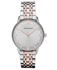 Feminine accents lend a lovely touch to this classic steel watch from Emporio Armani. Feminine accents lend a lovely touch to this classic steel watch from Emporio Armani.