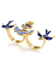 Stick to the main-stream seas! Nautical is in, and this Betsey Johnson style will have you high-flying. A chic two finger ring features two bright blue enamel birds and a blue pinstripe anchor. Crafted in gold tone mixed metal with sparkling crystal accents. Ring size (both fingers): 7-1/2.