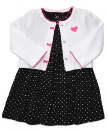 Adorn her in dainty bows and polka dots with this pretty cardigan and dress set from Carter's. Adorn her in dainty bows and polka dots with this pretty cardigan and dress set from Carter's.