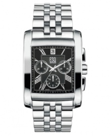 A polished look for business or vacation. This ESQ by Movado watch features silvertone stainless steel bracelet and square case. Square black dial with logo, three subdials, date window and roman numeral indices. Quartz movement. Water resistant to 30 meters. Two-year limited warranty. A polished look for business or vacation. This ESQ by Movado watch features silvertone stainless steel bracelet and square case. Square black dial with logo, three subdials, date window and roman numeral indices. Quartz movement. Water resistant to 30 meters. Two-year limited warranty.