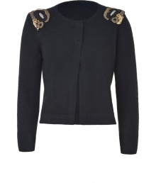 Not just a basic cardigan, this must-have wardrobe staple adds stylish jewelry applications to the shoulders for an instant trendy upgrade - Designed in beautiful dark green angora-wool blend - Silhouette is slim-waisted and short with a simple round neckline and long sleeves - Concealed snap front closure - New favorite piece is a great alternative to a cashmere pullover - Try with leather pants and a silk tank, pencil skirt and a thin turtleneck, or favorite jeans and booties Not just a basic cardigan, this must-have wardrobe staple adds stylish jewelry applications to the shoulders for an instant trendy upgrade - Designed in beautiful dark green angora-wool blend - Silhouette is slim-waisted and short with a simple round neckline and long sleeves - Concealed snap front closure - New favorite piece is a great alternative to a cashmere pullover - Try with leather pants and a silk tank, pencil skirt and a thin turtleneck, or favorite jeans and booties