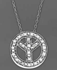 Give peace a chance. Show true sentiment with a hint of sparkle. A diamond-accented peace sign pendant comes in a polished 14k gold setting. Approximate length: 18 inches. Approximate drop: 1/2 inch.