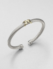 From the X Collection. An exquisite twisted cable, smartly crossed with a gold X in the center.Sterling silver and 18k yellow goldCable, 5mmDiameter, about 2.25Made in USA From the X Collection. An exquisite twisted cable, smartly crossed with a gold X in the center.Sterling silver and 18k yellow goldCable, 5mmDiameter, about 2.25Made in USA