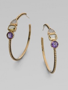 This simply chic design features faceted rose quartz, yellow quartz and amethyst stones set in a bead bronze hoop. Rose quartz, yellow quartz and amethystBronzeLength, about 2Post backMade in USA