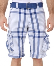 Check it out! Get standout style, constant comfort and convenience with these plaid cargo shorts from Buffalo David Bitton. Check it out! Get standout style, constant comfort and convenience with these plaid cargo shorts from Buffalo David Bitton.