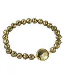 Glitz & glamour. Faceted pyrite beads (99 ct. t.w.) reflect the light on this sparkling 18k gold over sterling silver bracelet. Bracelet stretches to fit wrist. Approximate length: 7-1/2 inches. Glitz & glamour. Faceted pyrite beads (99 ct. t.w.) reflect the light on this sparkling 18k gold over sterling silver bracelet. Bracelet stretches to fit wrist. Approximate length: 7-1/2 inches.