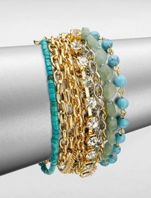 Variety is the spice of life and this pretty multi-row design fits the bill with colorful semi-precious stones and beads. Reconstituted turquoise, green jade, glass stones and beadsAntique-finished 12k goldplatedLength, about 8Spring ring closureImported Variety is the spice of life and this pretty multi-row design fits the bill with colorful semi-precious stones and beads. Reconstituted turquoise, green jade, glass stones and beadsAntique-finished 12k goldplatedLength, about 8Spring ring closureImported
