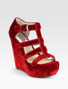 Elaborate velvet wedge with an adjustable ankle strap and chunky platform. Self-covered wedge, 5 (125mm)Covered platform, 1½(40mm)Compares to a 3½ heel (90mm)Velvet upperLeather liningRubber solePadded insoleImported Elaborate velvet wedge with an adjustable ankle strap and chunky platform. Self-covered wedge, 5 (125mm)Covered platform, 1½(40mm)Compares to a 3½ heel (90mm)Velvet upperLeather liningRubber solePadded insoleImported