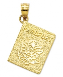 For world travelers and jetsetters alike, this passport charm offers a beautiful keepsake that gleams in 14k gold. Chain not included. Approximate drop length: 1 inch. Approximate drop width: 3/5 inch. For world travelers and jetsetters alike, this passport charm offers a beautiful keepsake that gleams in 14k gold. Chain not included. Approximate drop length: 1 inch. Approximate drop width: 3/5 inch.
