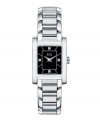 Subtle sophistication - a darling watch from ESQ by Movado. Stainless steel bracelet and rectangular case. Black dial features 4 diamond accent markers at three, six, nine and twelve o'clock, two silver-tone hands and logo. Swiss quartz movement. Water resistant to 30 meters. Two-year limited warranty.