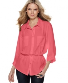 The button-down shirt gets revamped with a chic peasant silhouette in this Elementz look. Pair it with skinny pants for classic style made modern. The button-down shirt gets revamped with a chic peasant silhouette in this Elementz look. Pair it with skinny pants for classic style made modern.