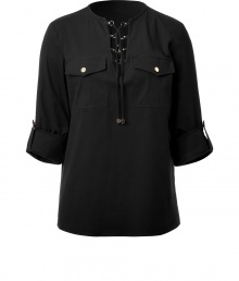 Safari-chic inspired and easy to style, this lace-up front top from Michael Kors is an elegant staple for off-duty or casual day-to-night style - Lace-up front, three-quarter sleeves with rolled button tab detail, chest flap pockets with buttons, back yoke with gather detail - Relaxed silhouette - Wear with sleek trousers or skinny jeans and platform heels Safari-chic inspired and easy to style, this lace-up front top from Michael Kors is an elegant staple for off-duty or casual day-to-night style - Lace-up front, three-quarter sleeves with rolled button tab detail, chest flap pockets with buttons, back yoke with gather detail - Relaxed silhouette - Wear with sleek trousers or skinny jeans and platform heels