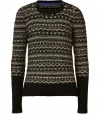 Detailed with a surprise of sleek metallic knit patterning, Juicy Coutures classic pullover is a chic and easy way to dress up your casual (or cocktail) looks - Round neckline, long sleeves, black ribbed trim, allover metallic fairisle knit patterning - Form-fitting - Dress down with jeans and flats, or up for cocktails with a pencil skirt and heels