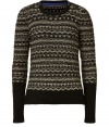 Detailed with a surprise of sleek metallic knit patterning, Juicy Coutures classic pullover is a chic and easy way to dress up your casual (or cocktail) looks - Round neckline, long sleeves, black ribbed trim, allover metallic fairisle knit patterning - Form-fitting - Dress down with jeans and flats, or up for cocktails with a pencil skirt and heels