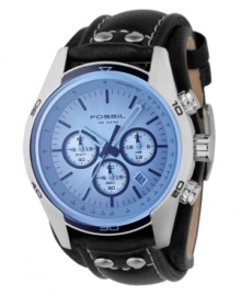 This ice blue tinted watch from Fossil performs multiple functions with sleek, everyday style. Black leather strap with contrast stitching. Silvertone stainless steel round case and round blue dial with three subdials, date window, logo and stick indices. Quartz movement. Water resistant to 100 meters. 11-year limited warranty. This ice blue tinted watch from Fossil performs multiple functions with sleek, everyday style. Black leather strap with contrast stitching. Silvertone stainless steel round case and round blue dial with three subdials, date window, logo and stick indices. Quartz movement. Water resistant to 100 meters. 11-year limited warranty.
