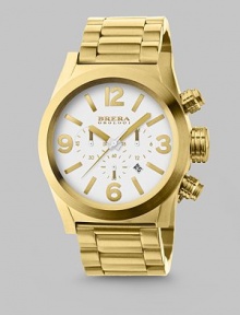 This style offers timepieces that are oversized for today's modern man, but steeped in the classics of traditional watch making tradition.Round bezelQuartz movementThree-eye chronograph functionalityWater resistant to 10 ATMDate function at 4 o'clockStainless steel case: 45mm (1.77)Second handLeather bandMade in Italy This style offers timepieces that are oversized for today's modern man, but steeped in the classics of traditional watch making tradition.Round bezelQuartz movementThree-eye chronograph functionalityWater resistant to 10 ATMDate function at 4 o'clockStainless steel case: 45mm (1.77)Second handLeather bandMade in Italy