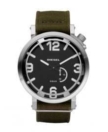 Seek adventure with this rugged watch by Diesel. Green canvas strap and round stainless steel case. Matte black dial features numerals at twelve, three, six and nine o'clock, stick indices, seconds subdial, two hands and logo. Quartz movement. Water resistant to 50 meters. Two-year limited warranty.