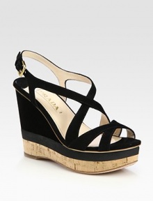 Suede criss-cross wedge style with tonal micro-foam stripe and cork detail. Stacked wedge, 4½ (115mm)Cork and micro-foam platform, 1½ (40mm) Compares to a 3 heel (75mm)Suede upperLeather lining and solePadded insoleMade in Italy Suede criss-cross wedge style with tonal micro-foam stripe and cork detail. Stacked wedge, 4½ (115mm)Cork and micro-foam platform, 1½ (40mm) Compares to a 3 heel (75mm)Suede upperLeather lining and solePadded insoleMade in Italy