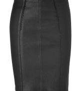 Luxe in leather with sweet scalloped trim, Marc by Marc Jacobs pencil skirt counts as a must for edgy desk to dinner looks - Paneled seaming with scalloped trim detail, exposed metal back zip with scalloped trim - Form-fitting - Wear with feminine blouses and platform peep-toes