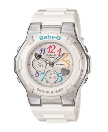 Rainbow colors and sparkling hearts sweeten up this tough-girl watch by Baby-G. White resin strap and round case with metal accents. Shock-resistant analog-digital white dial features LED light, world time, five daily alarms, stopwatch, countdown timer, 12/24-hour formats, multicolored numerals, minute track, hearts, positive display subdials, two luminous silver tone hands and logo. Quartz movement. Water resistant to 100 meters. One-year limited warranty. Rainbow colors and sparkling hearts sweeten up this tough-girl watch by Baby-G. White resin strap and round case with metal accents. Shock-resistant analog-digital white dial features LED light, world time, five daily alarms, stopwatch, countdown timer, 12/24-hour formats, multicolored numerals, minute track, hearts, positive display subdials, two luminous silver tone hands and logo. Quartz movement. Water resistant to 100 meters. One-year limited warranty.