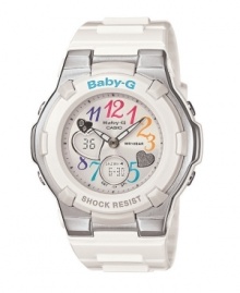 Rainbow colors and sparkling hearts sweeten up this tough-girl watch by Baby-G. White resin strap and round case with metal accents. Shock-resistant analog-digital white dial features LED light, world time, five daily alarms, stopwatch, countdown timer, 12/24-hour formats, multicolored numerals, minute track, hearts, positive display subdials, two luminous silver tone hands and logo. Quartz movement. Water resistant to 100 meters. One-year limited warranty.