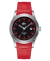 Turn up the heat with this hot watch by Lacoste. Red rubber strap and stainless steel case. Black dial with red stick indices, date window and silvertone logo. Quartz movement. Water resistant to 50 meters. Two-year limited warranty.