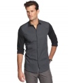 You've hit the weights now get dressed for dates with this slim-fitting colorblocked shirt from Calvin Klein.