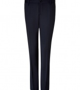 Elegant trousers in fine, navy wool stretch blend - Modern, slim cut is more fitted through legs - Crease detail flatters and elongates the silhouette - Medium rise, button closure and belt loops - Welt pockets at rear - Polished and sleek, an easy go-to in any wardrobe - Dress up with a blazer and button down, or go for a more casual look with a cashmere pullover or light cardigan