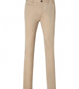 Stylish pants in fine, pure honey-colored cotton - Soft and lightweight, ultra durable material - Long and lean, flat front chino cut - Slim waistband with belt loops and zip fly - Slash pockets at sides, welt pockets at rear - Casually cool, seamlessly transitions from work to weekend - Pair with polos, button downs and t-shirts