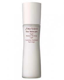 Shiseido The Skincare Night Moisture Recharge Light. A multi-action nighttime revitalizer that counteracts signs of daytime damage and delivers intensive hydrating benefits to skin while you sleep. Restores softness, smoothness, and a healthy-looking glow. Recommended for normal and combination skin. Smooth over face each evening after cleansing and balancing skin. Shiseido The Skincare Night Moisture Recharge Light. A multi-action nighttime revitalizer that counteracts signs of daytime damage and delivers intensive hydrating benefits to skin while you sleep. Restores softness, smoothness, and a healthy-looking glow. Recommended for normal and combination skin. Smooth over face each evening after cleansing and balancing skin.