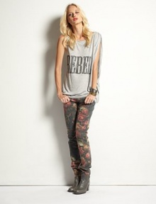 Majorly soft tank with a single dolman sleeve and downtown-cool print that reads, REBEL. RoundneckSingle dolman sleeveLonger length hits below the hipsModalDry cleanMade in USAModel shown is 5'10 (177cm) wearing US size Small. Majorly soft tank with a single dolman sleeve and downtown-cool print that reads, REBEL. RoundneckSingle dolman sleeveLonger length hits below the hipsModalDry cleanMade in USAModel shown is 5'10 (177cm) wearing US size Small.